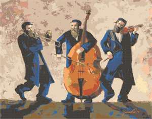 Original artwork by Nechama Shaish available in needlepoint.  Three Chasidim playing traditional Jewish music.