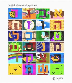 The Yiddish alphabet with a picture accompanying each letter. Yiddish is being spoken with a "bren" today.  If you are Yiddish speaking, or know someone who appreciates this special language, stitch them the Aleph Bais with pictures in Yiddish. Hebrew (and Yiddish) uses a different alphabet than English. Note that Hebrew is written from right to left, rather than left to right as in English, so Alef is the first letter of the Hebrew alphabet and Tav is the last. The Hebrew alphabet is often called the "alef-bet," because of its first two letters. 
Note that there are two versions of some letters. Kaf, Mem, Nun, Peh and Tzadeh all are written differently when they appear at the end of a word than when they appear in the beginning or middle of the word. The version used at the end of a word is referred to as Final Kaf, Final Mem, etc.