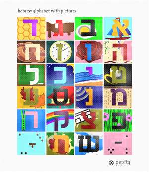 The Hebrew alphabet with a picture accompanying each letter. Whether you learned your Aleph Bais as a youngster or as a grownup, you can enjoy this adorable design.  Hebrew (and Yiddish) uses a different alphabet than English. Note that Hebrew is written from right to left, rather than left to right as in English, so Alef is the first letter of the Hebrew alphabet and Tav is the last. The Hebrew alphabet is often called the "alef-bet," because of its first two letters. 
Note that there are two versions of some letters. Kaf, Mem, Nun, Peh and Tzadeh all are written differently when they appear at the end of a word than when they appear in the beginning or middle of the word. The version used at the end of a word is referred to as Final Kaf, Final Mem, etc.