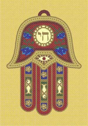 Hamsa design hanging downwards, the word "Chai" (life in Hebrew) emblazoned on the palm.  A hamsa is a palm-shaped amulet popular throughout the Middle East and North Africa and commonly used in jewelry and wall hangings.
