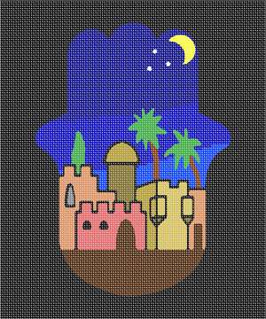 A hamsa shaped Jerusalem in nighttime.  A hamsa is a palm-shaped amulet popular throughout the Middle East and North Africa and commonly used in jewelry and wall hangings.