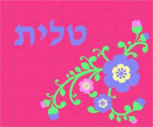 Tallit design with floral motif using colorful flowers against a solid hot pink background. This is a modern, neat design. You stitch the front. After it is completely stitched, it is sent to a professional finisher who adds a lining, back, and matching zipper. There is a matching siddur cover available for this design.