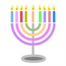 A Hanukkah menorah of many colors holding lit candles of many colors.  Hanukkah, or Chanukah, is a Jewish holiday eight days long. Each night another candle of the menorah is lit.  It is a special time to share with family. Playing dreidel, eating latkes and donuts, and chanukah gelt are all part of the tradition.