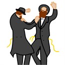 Two hasidic men dancing with joy.