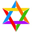 Six-sided Jewish star, also known as the Star of David. Designed here with 6 brightly colored strokes.