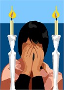 A Jewish mother prays at the Sabbath candlesticks she lit.
