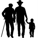 Inspirational silhouette of generations. A grandfather, father, and son walk alongside one another. The grandfather is leaning on his son while his son clasps his father's hand.